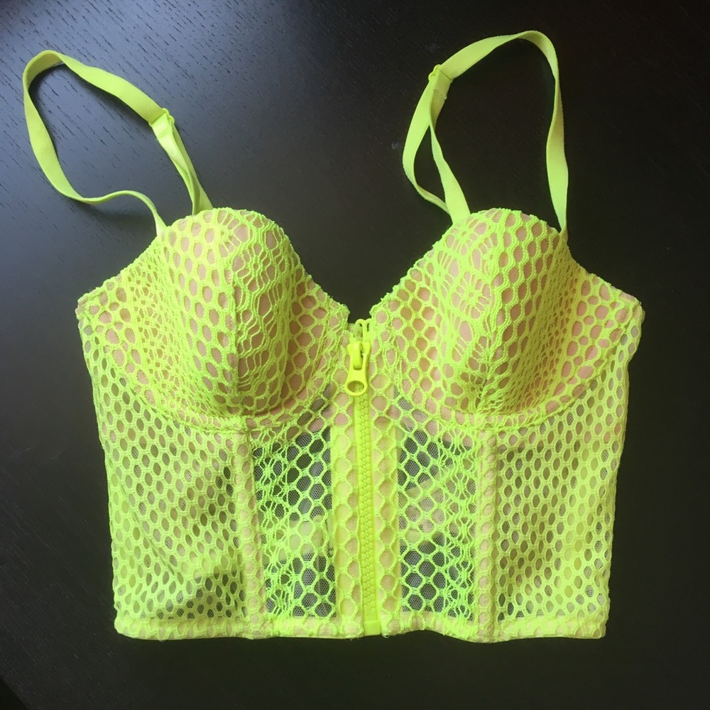 neon green victoria’s secret fishnet bustier